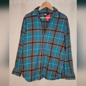Lands' End Womens Teal and Brown Plaid Shirt